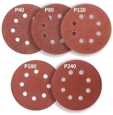 FEIHU Disques de Ponçage Papier Abrasifs 125mm.8 trous,50 pièces Disques Ponceuse: Disques abrasifs perforés ​auto-agrippant 125 mm Grain 40 80 120 180 240 pour Random Orbital Sander,Poncer/Polir