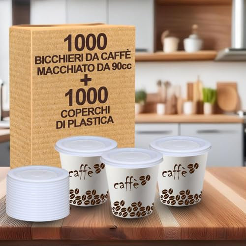 1000 Bicchieri Caffè 90 ml con Coperchio PS Piano Senza Foro – Bicchieri Monouso Resistenti, Usa e Getta, Ideali per Espresso, Crema Caffè, Bar, Caffetterie, Uffici e Asporto Bevande Calde