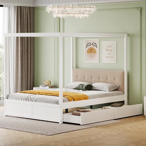 xixiworkshop Himmelbett 140x200cm, Doppelbett mit 2 Großen Schubladen und Weicher Rückenlehne, Holzbett mit Lattenrost, Ohne Matratze, Weiß