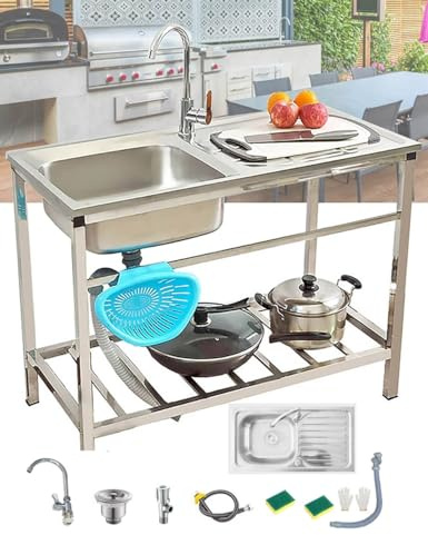 AutmDizyne Catering Lavello in Acciaio Inox Lavello Cucina Lavello Portatile Commerciale 1 Vasca Lavatoio da Esterno con Rubinetto Cucina Professionale Lavandino per Ristorante Bar Garage Cortile