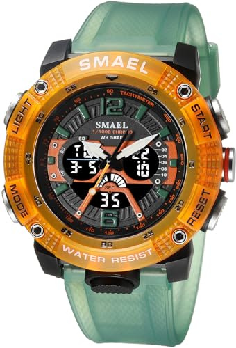 MASTOP Men's Large Face Outdoor Sports Watches Military Digital Watch Multi Function Water Resistant Backlight Alarm Stopwatch LED Rugged Wristwatch for Training Hiking (Transparent Green)
