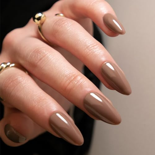 Ruzister 24 Stück Braun Press On Nails Oval, Mandel Fake Nägel Kleber, Acryl Gel Kurz, Falsche Nägel Almond