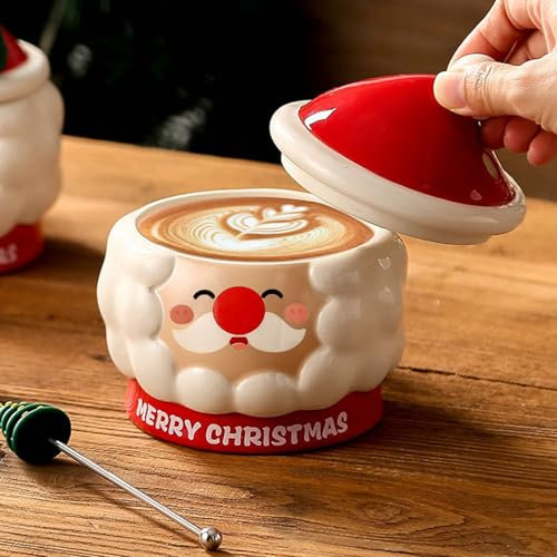 Kaezuy Weihnachtstasse Keramik 420ml Weihnachtsbecher mit Deckel & Löffel, Weihnachten Kaffeebecher, Teetasse Milchtasse Weihnachts Geschenk für Freunde Familie (Stil D)