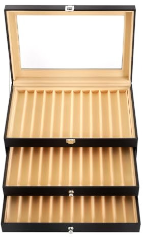 TkkMivcOC 3 Etagen Stifthalterbox mit Vitrine, Sammelbox Stifthalterbox für 36 Schreibgeräte, Organizer Box mit Glasfenster, für Füllfederhalter Kugelschreiber, Schwarz, 30.5 x 20 x 13.5cm