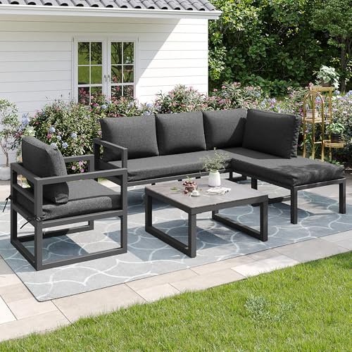 KUAKE Gartenlounge Set für 4-5 Personen, Lounge Gartenmöbel Set mit Ecksofa, Sessel und Couchtisch, Balkonmöbel Wetterfest mit verzinktem Eisengestell und Kissen, verstellbare Füße, Grau