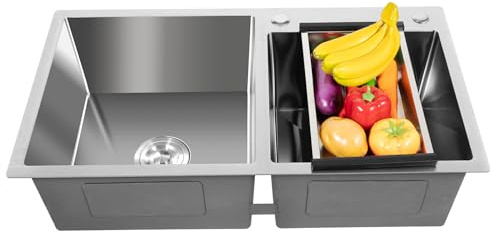 Fregaderos de cocina de 2 cuencos, fregaderos de acero inoxidable, fregaderos de cocina con base, con escurridor, doble fregadero, doble fregadero con juegos de base