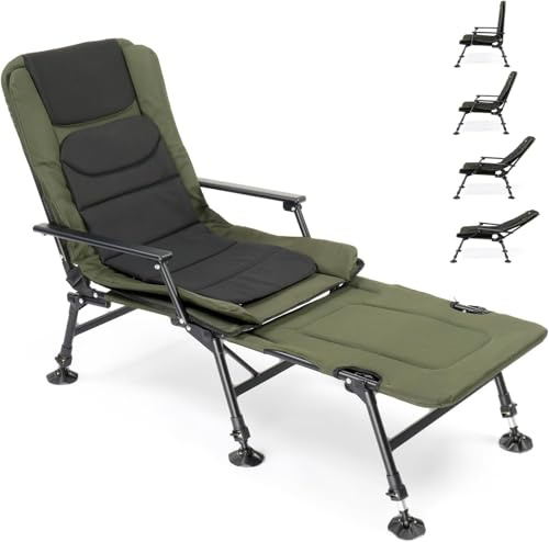 Outopee Foldable Fishing Chair, Outdoor Camping Garden Reclining Padded Chair with Adjustable Height, Footrest, Rotating Feet for Patio Hiking/Beach/Picnic, 160kg Capacity