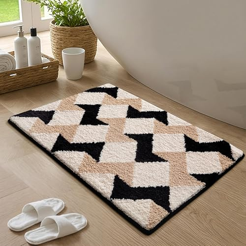 Badezimmermatte Schwarz Beige Geometrie Bath Mat Mikrofaser Badmatte Waschbar Badezimmerteppich rutschfest Badematte Schnelltrocknend Badezimmermatten Verdicken Badmatten Badvorleger 50x80cm