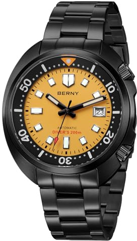 BERNY Montre Automatique Homme 20ATM Étanche Montre De Plongée Tout Noir Montre Mécanique Bracelet avec Super Luminieuse Acier Inoxydable Complet Verre Saphir avec Revêtement AR