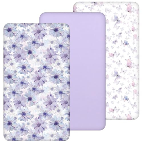 Yukkidds Drap Housse 60x120 Lit Bébé – Lot de 3 Drap Housse Bébé en Microfibre Respirante Drap Lit Bébé Ajustable avec Élastique 360° pour Lit et Berceau Marguerite Violette