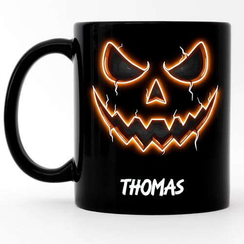 Kiddle-Design Halloween Tasse Kürbis Gesicht Personalisiert, Neon Kürbistasse Orange Herbst Deko als Geschenkidee zu Halloween Party & Herbst, Grusel Geschenk - Tasse Neon-Orange