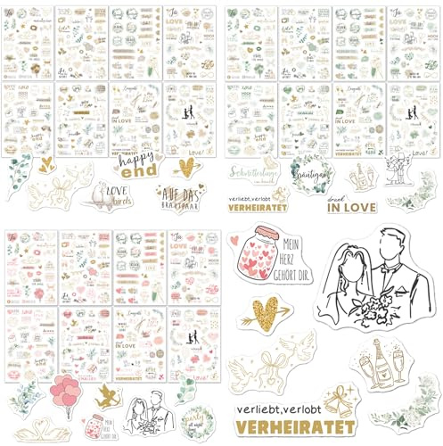 Sticker Hochzeit Gästebuch, 690 Stickers Aufkleber Hochzeit 24 seiten | 24 Seiten Hochzeitssticker für Gästebuch oder Fotoalbum Scrapbook DIY Journal mit Viel Liebe(Grün Goldenes Rosa)
