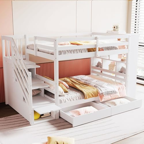 Gxffipw Etagenbett 2 Kinder Kinderbett 90x200 cm mit Schließfächern und Schublade, Hochbett mit Treppe und Rausfallschutz, Stockbett Holzbett Bettgestell mit Lattenrost, Weiß, Ohne Matratze