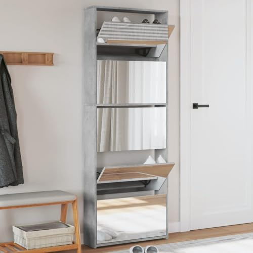 Mueble zapatero y espejo 5 niveles gris hormigón 63x17x169,5 cm,Productos del hogar,Organización y almacenamiento,Almacenamiento de ropa y armarios,Zapateros y organizadores de calzado-3228281