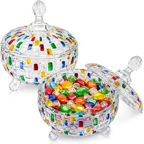 2 Pcs Large Glass Sweet Bowl with Lid, Sweet Jars for Candy Buffet, Crystal Sugar Dish Decorative, Biscuit Storage Container for Chocolate, Cookie, Beans, Nuts, Jewelry Box, Apothecary, Christmas