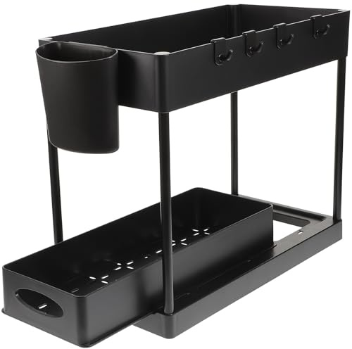 POPETPOP 2-Tier Sliding Drawer Cabinet Organizer Rack with 4 Hooks and 1 Cup, Black Abs Under Sink Storage Basket for Kitchen and Bathroom Cleaning Supplies