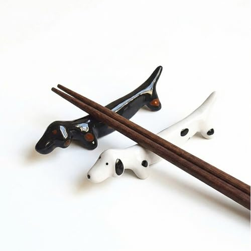 YAFIYGI Lot de 2 repose-baguettes en céramique pour table de dîner, cuillère, couteau, fourchette, teckel, décoration d'intérieur, accessoire blanc et noir