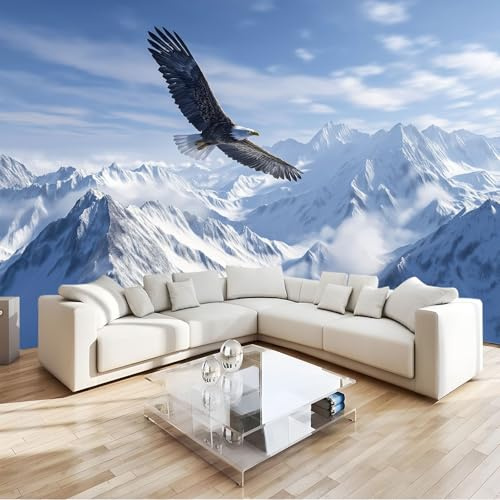 Carta da Parati Fotomurale XXL 300 x 210 cm, Blu Poster Murale 3D in Tessuto Non Tessuto per Parete TV Corridoio e Soggiorno, Decorazione Interni Montagne Invernali Realistiche E Innevate Aquile