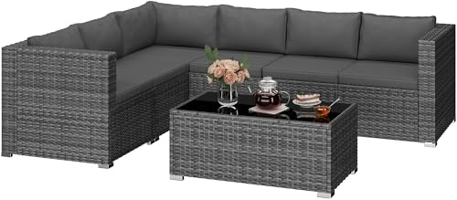 Yaheetech 6-Seat Rattan Corner Sofa Set, 7-Piece Modular Wicker Patio Furniture with Thick Cushions, Removable Covers, Glass Top Coffee Table for Backyard, Garden, Deck & Poolside, Grey