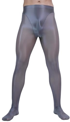FEOYA Mens Glossy Pnats Oil Shiny Pantyhose Legging High Waist Stretchy Silky Shiny Stockings Sissy Underwear Footed Tights with Thickened Crotch Grey M