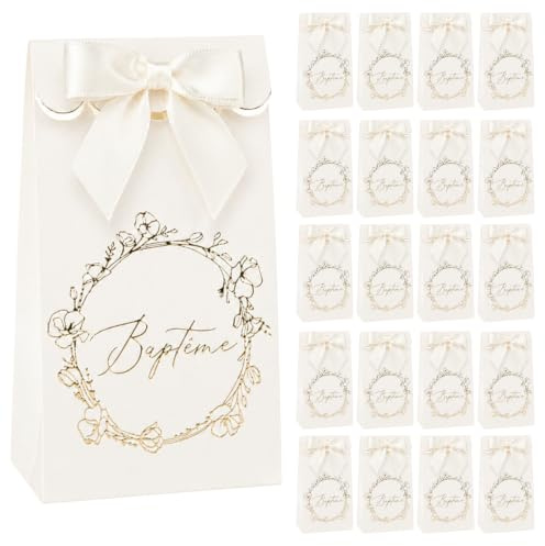 Un Jour En Or - Pack Sachets Dragées (Pack 20 Contenants Dragées Baptême : 2 x 10 Sachets avec Ruban et Médaillon Baptême - (Ivoire et Or) (2 x 10 Contenant sachets)