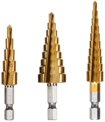 RENNIE TOOLS - 3 Piece Large HSS Step Cone Drill Set + Blue Nylon Storage Pouch / 3-12mm 4-12mm 4-20mm / Titanium (TiN) Coated Set Hole Cutter | For Steel, Stainless Steel, Aluminium, Copper, Plastic & Sheet Metal, Titanium Coated Step Drill Set With Storage Pouch