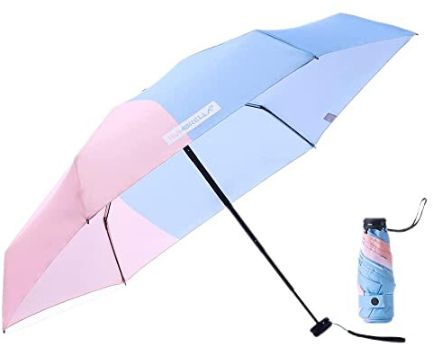 RUMBRELLA Mini Travel Umbrella 39/42 Inch - Compact, Quick Dry & UV Protection with Free Portable Bag, Pink Blue
