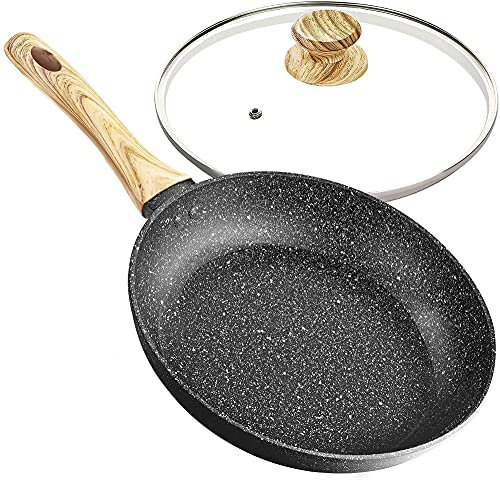 MICHELANGELO Frying Pan with Lid 30cm, Stone-Derived with Bakelite Handle, Granite Pan for Induction, Large Skillet Non Stick 30cm, Black