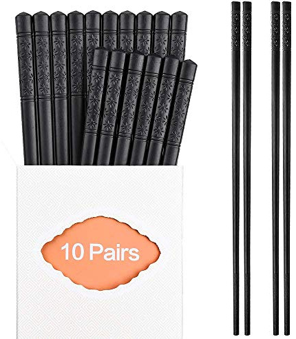 ONEHERE - Set di 10 paia di bacchette in fibra di vetro, riutilizzabili, cinesi, giapponesi, coreane, lavabili in lavastoviglie, antiscivolo, per sushi, noodles, cibo, Hotpot e cucina, 27 cm, nero