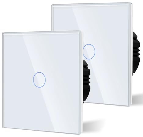 BSEED Touch Lichtschalter aus Glas, Modern Schalter Unterputz, Wandschalter mit LED Hinterlicht (Kein Neutralleiter erforderlich), KEIN WLAN, 86mm 1 Fach 2 Wege Weiß, 2 Pack
