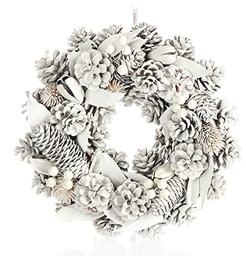 COM-FOUR® Türkranz für Weihnachten - weißer Adventskranz mit Zapfen und Beeren - Dekokranz - Weihnachtsdeko - Tischkranz - Weihnachtskranz