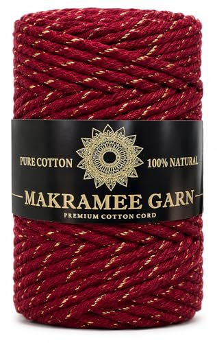 Makramee Garn. Baumwollgarn Kordel. 100% Natur Baumwoll-Kordel. Gold- oder Silberfaden. Perfekt für Basteln, DIY, Handwerk & Stricken. 100% Natur Baumwollgarn, Dicke Macrame (Rotwein Gold, 100m/5mm)