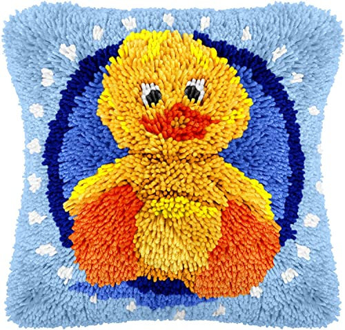 ROCKY&CHAO Knüpfhaken-Set mit gelben Enten zum Selbermachen, Überwurf, Kissenbezug, Häkelhandwerk für Anfänger, Kinder und Erwachsene, handgefertigt, Heimdekoration, Festival, Geburtstagsgeschenk,