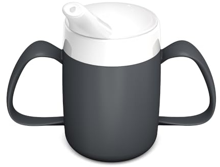 Ornamin 2-Henkel-Becher Pflegebecher mit Schnabelaufsatz für Senioren & Pflegebedarf | Anthrazit | Trinkbecher | Trinkhilfe | Schnabelbecher | Ergonomischer Becher