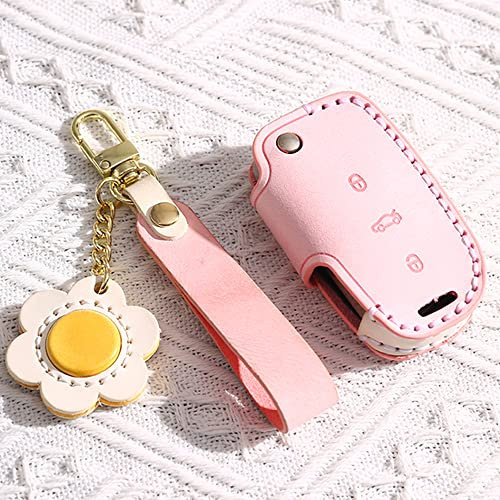 ontto Autoschlüssel Hülle Cover Passt für VW Polo Golf Passat Tiguan Beetle Caddy T5 Up EOS Skoda Seat Leon Altea Zubehör Fernbedienung Schlüsselanhänger Leder Schlüssel Etui Schlüsselhülle-A Rosa