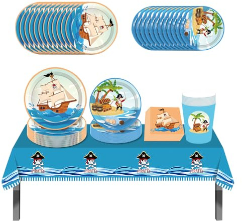 ZOOMPIL Piraten Party Geschirr Set, Piratenparty Geburtstag Deko Set, Partygeschirr-Set aus Papier,Teller Tischdecke Servietten, Piraten Deko Set für Kinder Geburtstag Mottoparty, 8 Gäste (Blau)
