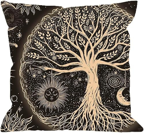 KEIROUTK Kissenbezüge 45 x 45 Baum des Lebens Kissenbezüge Sonne Mond Sterne Kissenbezug Ästhetik Galaxie Natur Wohndekoration