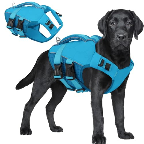 ASENKU Flytväst för hundar med flythandtag, flytväst hund med hög flytbarhet, lätt rivsäker säkerhetsväst med reflekterande remsor blå 2XL