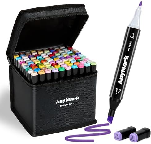 AnyMark 100 Färger Alkoholbaserade Markers, Dubbelspetsade Konstpennor för Vuxna, Färgning och Ritning, Mejselspets och Finspets, Svart Pennkropp