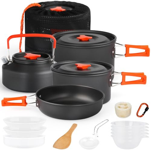 Gutsdoor Camping Geschirr Set 16 Teilig, Outdoor Kochgeschirr Set für 2-4 Personen, mit 2 Topfe, Kochtopf Set Aluminium Kochset Teekessel mit Tragbarem Besteck, für Camping Outdoor Picknick Wandern