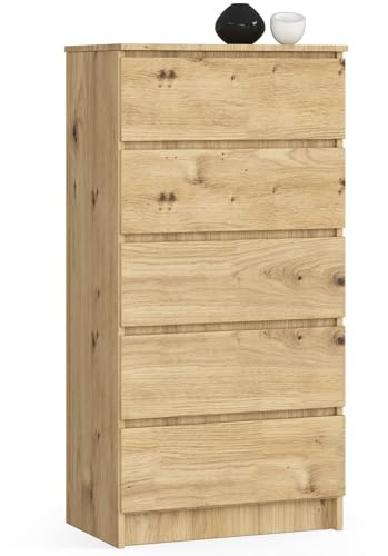 AKORD Kommode K60 mit 5 Schubladen | für das Wohnzimmer Schlafzimmer Schrank Büro Arbeitszimmer | Modernes Funktionales Design | B60 x H121 x T40 cm, Gewicht 39kg | Kunsthandwerkliche Eiche