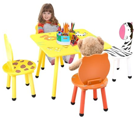 Childlike Behavior Kindertisch - Kindersitzgruppe Gelb Orange Weiß Holz mit Tierdesign - Kindertisch mit Stühlen - Geeignet für Spielen Malen Lesen Essen, und Innenbereich Klassenzimmer - 60x60x43 cm