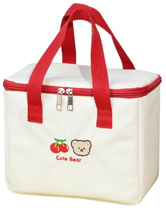 zalati Lunch Bag Insulated Cooler Tote Food Carry Bag Cute Pattern with Zipper for Lunch, Picnic, Travel - Cherry & Bear