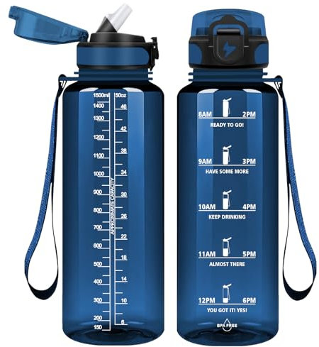 Vikaster Unisex-Adult VK-TY-SDXZG-1500ML-G-NavyBlue-295C-VC 1.5l Strohhalm, BPA Frei, Trinkflasche für Yoga, Fitness, Camping, Outdoor, Glatt-Marine Blau 1500ml