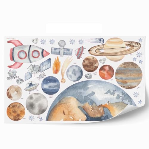 Mica-Mica Wandtattoo Weltraum - Raumschiff mit Planeten im Weltall - Universum | Stoff-Wandtattoos | 100% PVC-frei | Wanddeko, Wandaufkleber & Wandsticker | Deko fürs Kinderzimmer (STI-0249, XL)