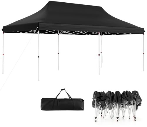 TANGZON 3 x 6M Pop-up Canopy Tent, 3-Level Height Adjustable Gazebo with Carry Bag, 6 Wine Ropes & 12 Ground Stakes, Heavy-Duty Waterproof Sunshade Shelter for Patio Garden Beach Wedding BBQ (Black)