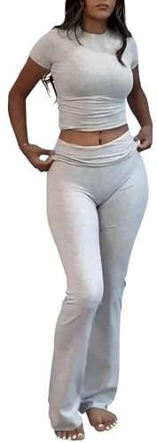 ZFLM Casual Workout Two Piece Outfits for Women Short Sleeve Crop High Waist Foldover Flare Pants Tracksuit Sets Streetwear
