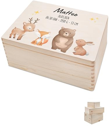 Bärenfreunde - Personalisierte Erinnerungsbox Baby mit Spezial-Druck - Individuelle Baby Erinnerungsbox - Erinnerungskiste aus Holz - Geschenk zur Geburt (M | Klappdeckel,Tiere Glimmer)