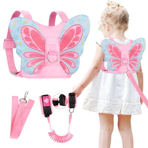 Lehoo Castle Toddler Reins, 4 in 1 Baby Reins Walking Harness Butterfly, Reins for Toddler with Anti Lost Wrist Link, Toddler Harness for Walking 1-3 Years (Pink)