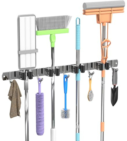 3-H Cuelga Escobas Pared 43cm, Soporte Escobas Pared 304 Acero Inoxidable Colgador Escobas y Fregonas Sin Perforar para Restaurante, Cocina, Baño, Garaje